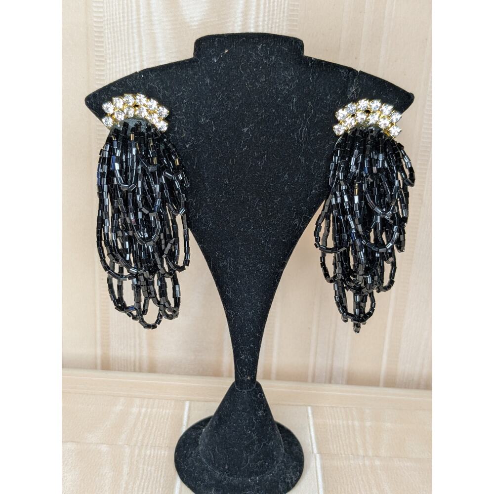 Vintage 80s Black Long Beaded Drapey Chandelier Earrings Rhinestone Accents